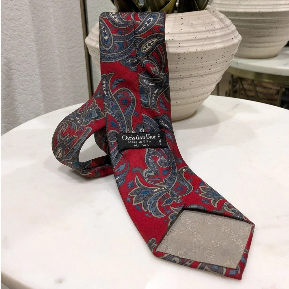 Christian Dior Paisley 100% Silk Tie Red Blue Vintage Made in USA Necktie Work